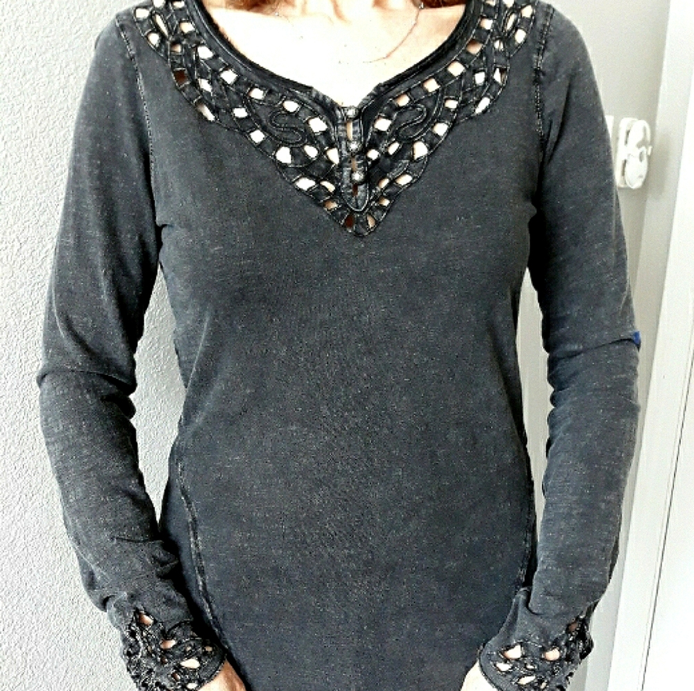 Free People Distressed Black Long Sleeve Shirt